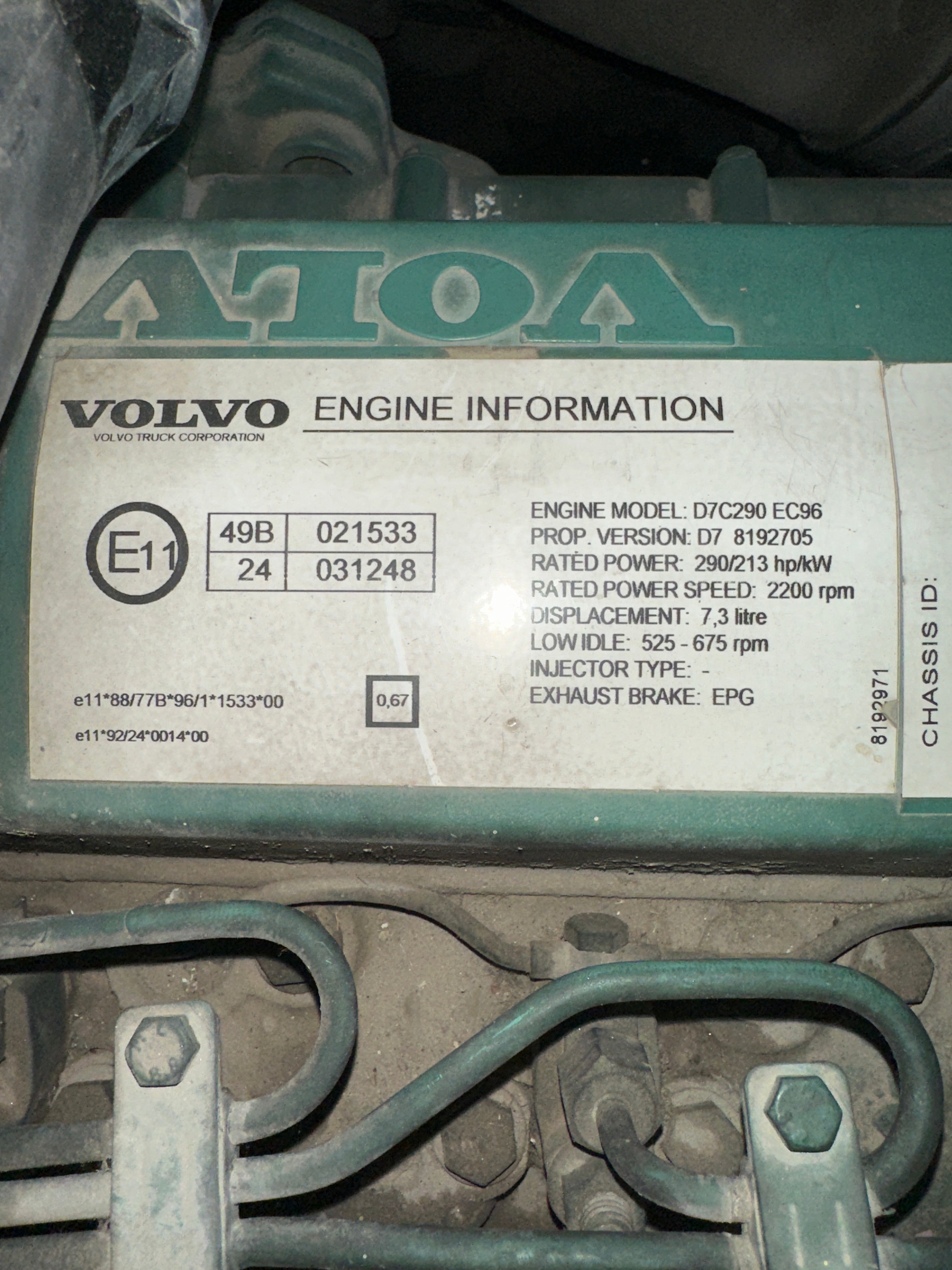 Motore Volvo FM290 tipo D7C290 usato